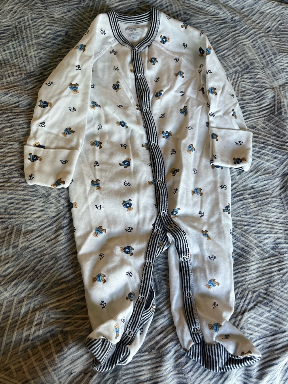 6m Ralph Lauren Footed White Teddy Bear Baby Snap Sleeper Pajamas with Mitts - Picture 2 of 5